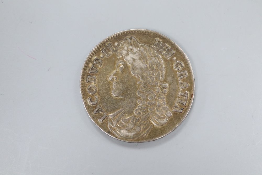 A James II silver crown 1688, F and obverse vf